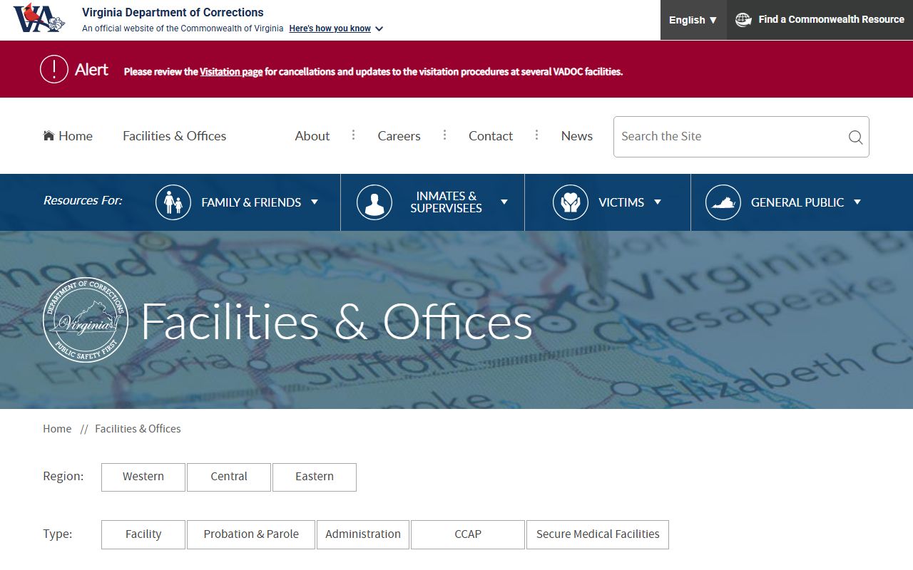 VADOC directory showing state-prison facilities serving Wise County searches