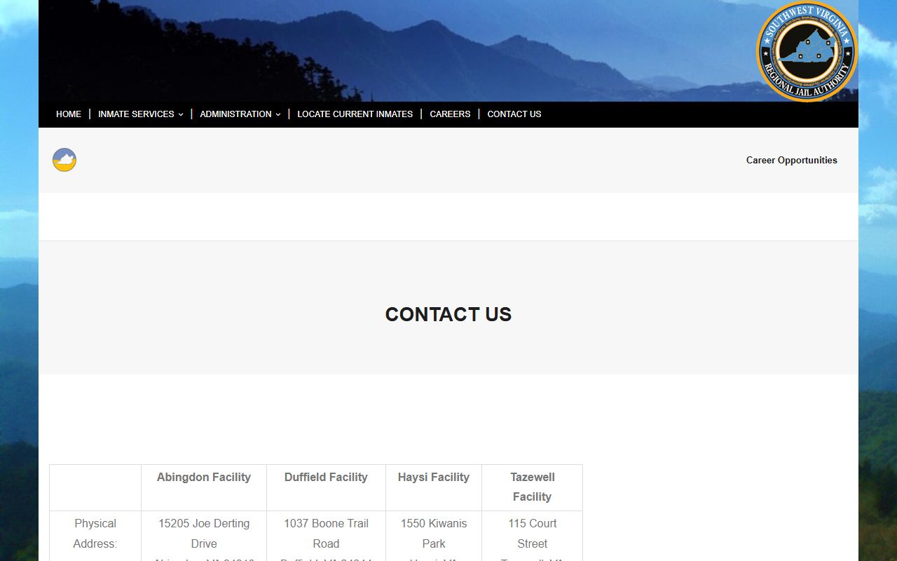 SWVRJA contact table showing the Duffield Facility address and phone number