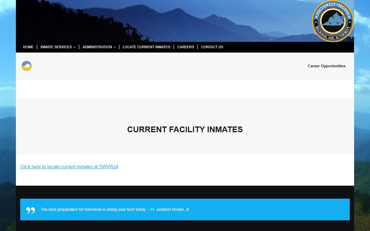 SWVRJA current facility inmates page leading to the JailTracker roster